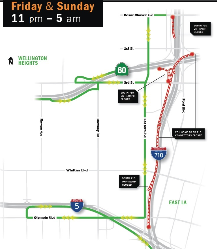 Map of 710 Freeway southbound closure April 2019